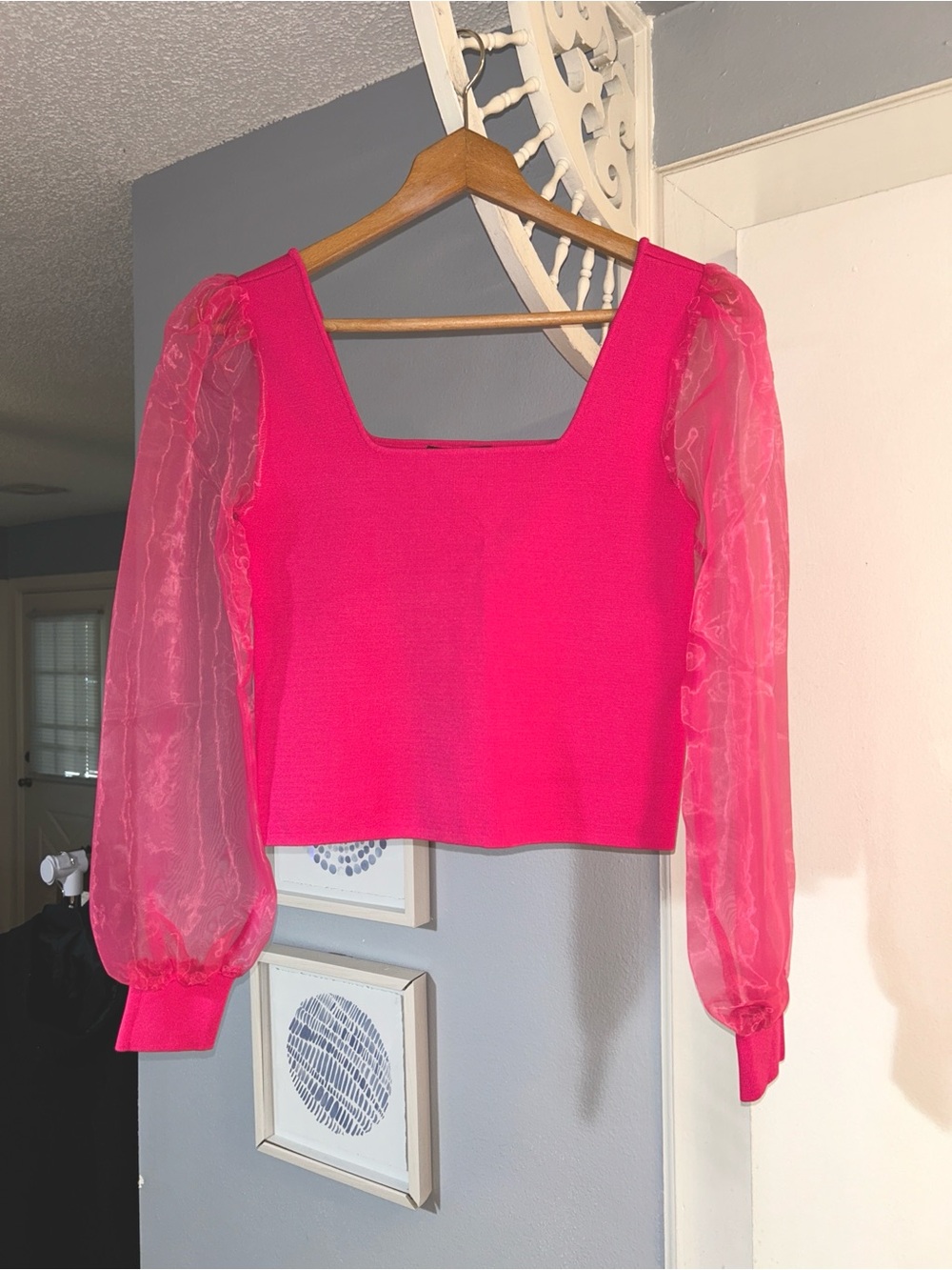 House of Harlow 1960 WomenS Fuchsia Sheer Puff-Sleeve Square Neck Top Size S NWT